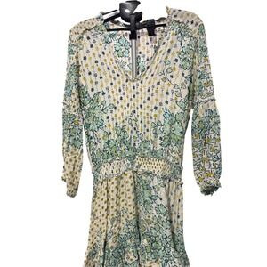 Mixed Floral Smocked Waist Ruffle Mini Dress Teal Mustard White Metallic Lurex